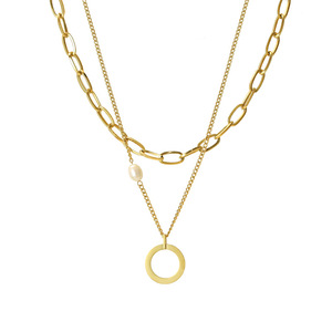 Simple Stylish Double Layer Stainless Steel <b>Necklace</b> With Pearl <b>Ring</b> Pendant For Office Wear Geometric Design Gold Color - Product Image 5