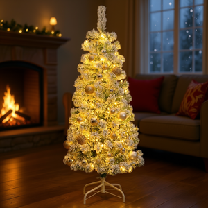 Sapin de Noël artificiel de 47,2 pouces avec lumières LED blanches chaudes articulées, arbre en plastique avec ensemble de boules pour décoration intérieure de fêtes - Product Image 2