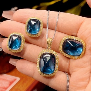 Fashion Jewelry Eco-friendly Copper 12*16/10*12mm Sugar Cubic Zirconia Gold Plated Necklace <b>Set</b> With Blue Stones for Women - Product Image 3