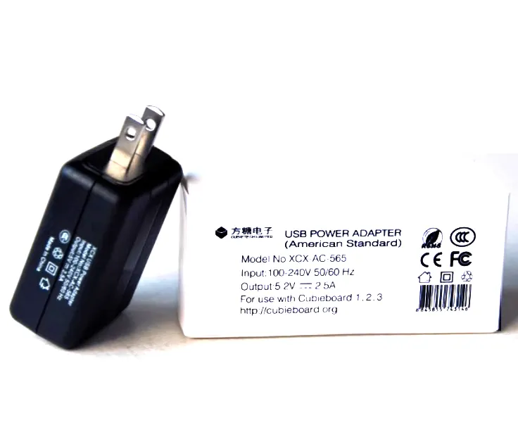 The manufacturer recommends a 5V 2.5A power adapter suitable for CubieBoard1 2 3 5 6 7