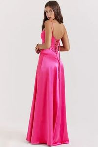 Style européen et américain Spaghetti Strap femmes Maxi <span class=keywords><strong>robe</strong></span> <span class=keywords><strong>de</strong></span> <span class=keywords><strong>soirée</strong></span> Satin Fuchsia Sexy dos nu fête <span class=keywords><strong>robe</strong></span> moulante - Product Image 2