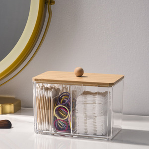 Organisateur de maquillage transparent pour bureau avec couvercle en bambou, boîte de rangement pour tampons de coton, conteneur de rangement cosmétique, design portable - Product Image 1