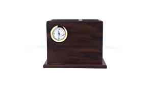 Organisateur de bureau en bois, double porte-stylos, organisateur de table de bureau haut de gamme avec horloge et plaque photo, cadeau d'entreprise - Product Image 3