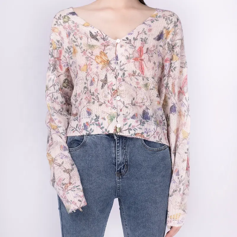 Mohair floral para mulheres, blusa com decote em V personalizada, mohair solto, com botões e mangas compridas, suéter de malha de lã, mohair para mulheres