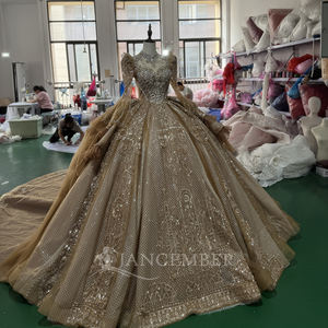 Jancember XS178 <b>Sparkly</b> Golden High Neck Empire Ball Gown Evening Dress With <b>Flare</b> Sleeve - Product Image 2