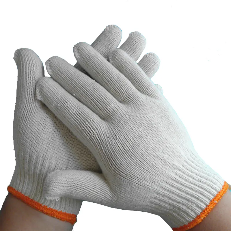 Rahat doğal pamuklu örme eldiven sarı anahat ile çalışma eldiven ile logo için inşaat