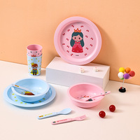 Ensemble de vaisselle pour enfants avec un design mignon d'animaux, assiette ronde, bol, fourchette, cuillère et gobelet à eau, 5 pièces