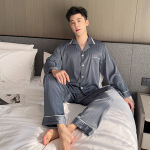 2025 primavera nuovi pantaloni lunghi a maniche lunghe da <span class=keywords><strong>uomo</strong></span> pigiami a righe taglie forti in seta di ghiaccio abbigliamento Casual <span class=keywords><strong>con</strong></span> bottone da casa - Product Image 6