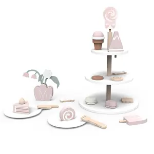 COMMIKI Set da tè in legno per ragazze Desert Cake Pretend Play White Peach Cheese Set da tè pomeridiano in legno Toy