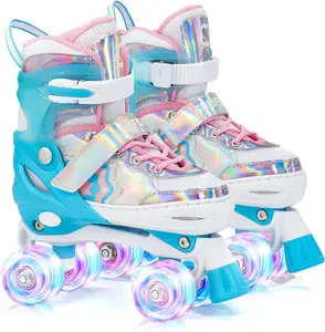 Sepatu roda anak-anak Unicorn pelangi, sepatu roda lampu bisa disesuaikan 4 ukuran untuk anak perempuan dan laki-laki