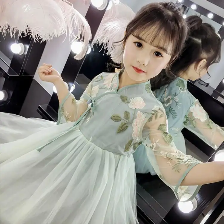 뜨거운 판매 어린 소녀 긴 소매 긴 기차 꽃 소녀 어린이 공주 드레스 중국에서 공급 업체