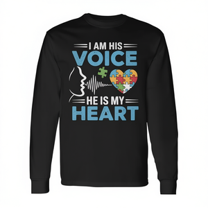 Camiseta de manga larga con estampado de concienciación sobre el autismo para mamá: I Am His Voice He Is My Heart - Product Image 2