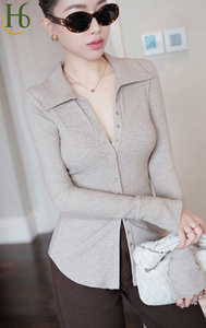 Col rabattu côtelé pour femme, fabriqué au Vietnam avec des techniques de tricot, service OEM, style décontracté, haute qualité - Product Image 6