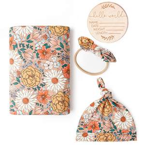 Kaiyue 4 pièces rayé nouveau-né ensemble de réception 100% coton mousseline Swaddle chapeau <span class=keywords><strong>couverture</strong></span> en bois <span class=keywords><strong>naissance</strong></span> annonce carte pour bébé douche - Product Image 5