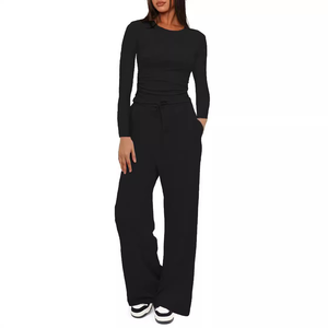 Ensemble de détente minimaliste pour femmes en 2 pièces, haut court à <span class=keywords><strong>manches</strong></span> <span class=keywords><strong>longues</strong></span> légèrement ajusté, pantalon large, survêtement décontracté pour les sports de plein air - Product Image 5