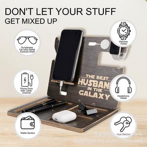 Wooden Phone Docking Station 24x19x20cm <b>Desk</b> Organizer With Wallet Earphone Key Holder For Husband Gift - Product Image 4