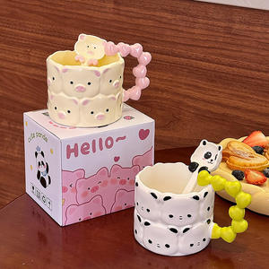 <b>Cute</b> Panda Ceramic <b>Mug</b> With Spoon Cartoon Design Pink And Green Handle Office Coffee Cup For Gift - Product Image 1