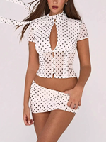 Nouvelle Collection Printemps 2026 : Ensemble Jupe et Haut Élégant pour Femme, Col Rond, Imprimé Pois Ondulés, Manches Courtes