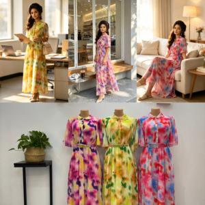 Robe chemise imprimée tie-dye à revers et boutons, avec pantalon évasé, manches courtes, ceinture intégrée, plis à la taille, jupe longue évasée en A - Product Image 1
