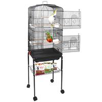 Volière multi-niveaux verrouillable pour oiseaux, avec toit incurvé, support métallique à roulettes, étagère de rangement, plateau amovible coulissant, design simple pour