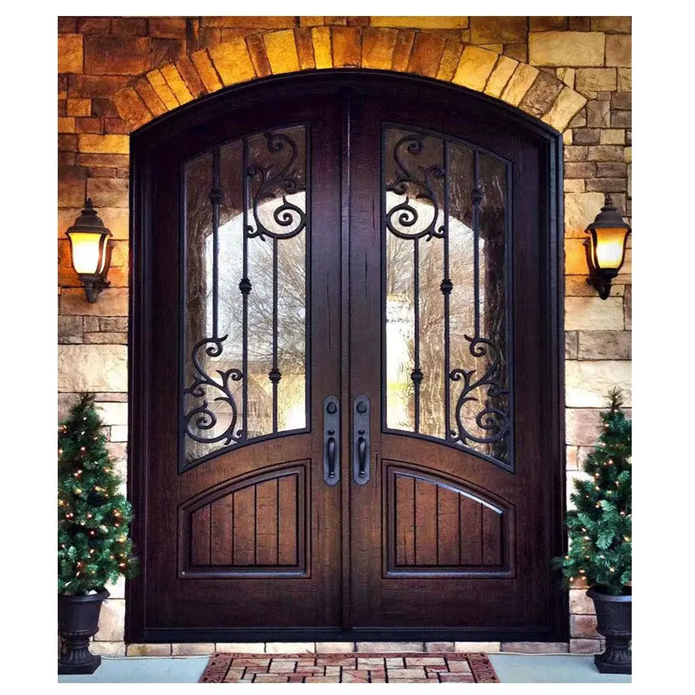 Puerta de entrada de hierro forjado de madera sólida perfecta, puertas delanteras dobles con vidrio