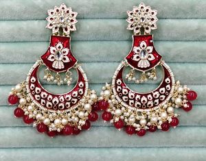 <b>Red</b> Crafted Chandelier <b>Earrings</b> With Imitation Pearls And Rhinestones Gold Plated Ethnic Wedding Jewelry For Women - Product Image 1