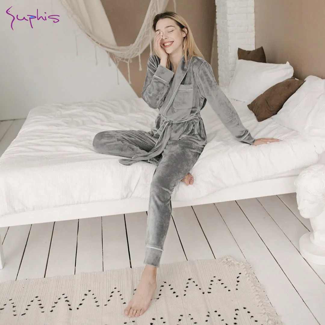 Bclout/QINSI Night Suit Sets Autumn Female Long Sleeve Home Suit Two Piece Set Thick Sleepwear Set Gray Velvet Women Pajamas