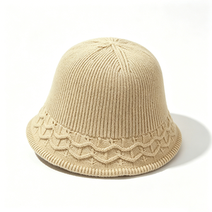 OEM ODM Custom Logo Unisex Beige Striped <b>Leaf</b> Cable Knit Bucket Fisherman Hat Soft Warm Ribbed Knitted All Season - Product Image 4