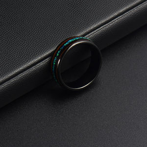 Poya Оптовая Продажа Модные ювелирные изделия для мужчин 8 мм черное покрытие Koa древесина инкрустация синий опал вольфрамовое кольцо для свадьбы - Product Image 5