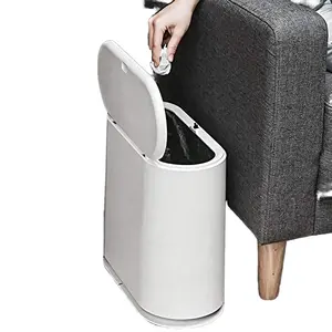 10L矩形垃圾桶现代白色废纸篓，带压盖薄2.4加仑家用垃圾容器