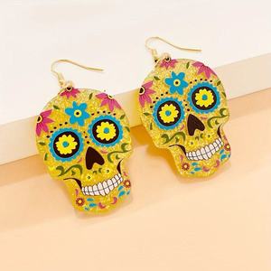 Giorno dei morti orecchini pendenti, fiori di zucchero teschio orecchini in acrilico con Glitter dorato per le donne orecchini di Halloween - Product Image 1