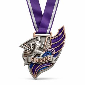 Médaille de marathon personnalisée en alliage de zinc 3D avec ruban, finition plaquée or et argent antique, logo - Product Image 2