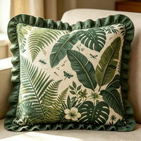 Housse de coussin en coton 100% à imprimé botanique vert premium avec volants unis, taie d'oreiller décorative tissée douce pour le salon