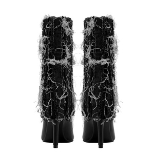 Denim Fold Over Stiletto Women High Thin Heels Booties Big Size 46 Short Ankle <b>Boots</b> Fancy Overlay Retro Shoes - Product Image 5