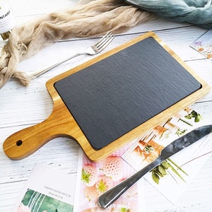 다기능 식품 트레이 주방 도구 나무 피자 플래터 손잡이와 함께 슬레이트 스퀘어 치즈 도마 - Product Image 1