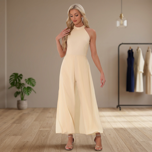 Combinaison élégante pour femme en tissu peigné, col licou, taille haute, longue, à manches longues, couleur unie, printemps-été, Nouvel An, décontractée - Product Image 4