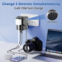 Worldplug 70W GaN chargeur rapide adaptateur de voyage international avec câble rétractable de type C prise universelle fonction PD pour ordinateur portable