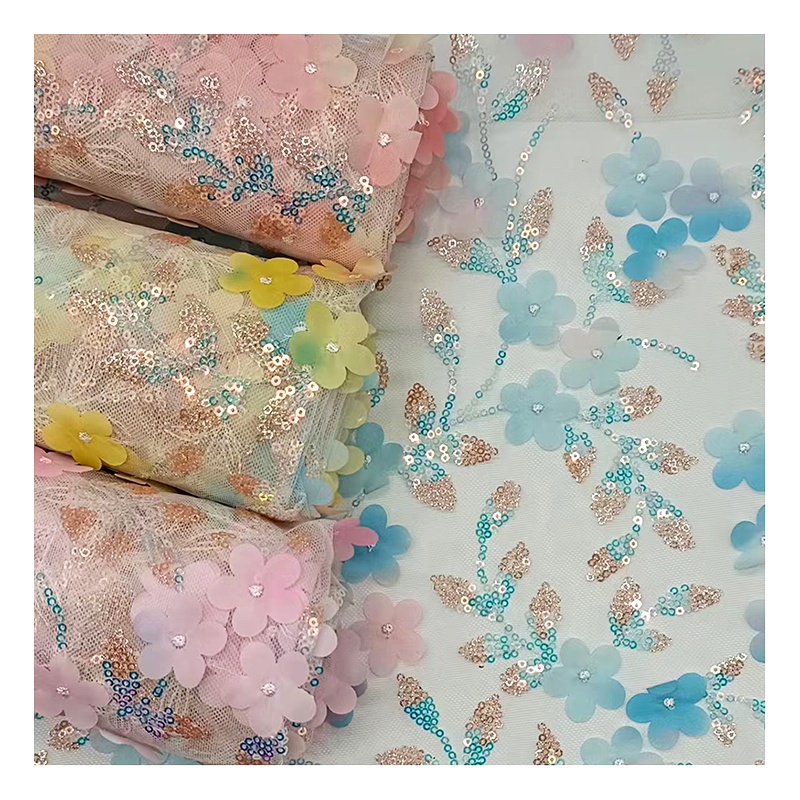 Multicolor 3D Flowers Embroidered Tulle Lace Fabric with Sequin Embroidery Tulle Fabric for Clothing