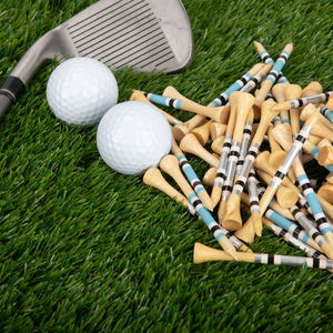 Tees de golf en bois naturel biodégradables en vrac, assortiment de tees écologiques à tiges rayées argent, noir et blanc, vente en gros pour les terrains de practice - Product Image 1