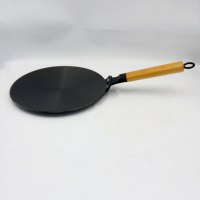 Wajan Tawa Besi Cor Ringan dengan Gagang Kayu Panjang untuk Menggoreng Dosa, Pancake, Pizza, Teppanyaki, Panggangan Datar, Roti Dosa