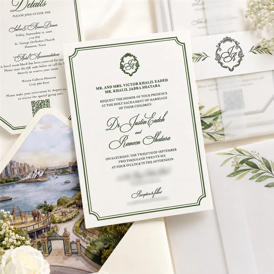 Luxury Wedding Invitation Custom Embossed Leaf Vellum Wrap Watercolor ...