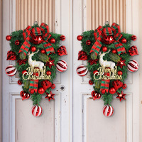Guirnalda Artificial de Navidad en Forma de Lágrima con Lazo a Cuadros, Letrero de Reno, Bolas y Estrellas para Decoración Navideña de Puerta Principal y Hogar