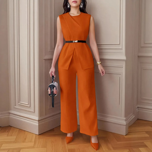 ชุดเซ็ต 2 ชิ้น เสื้อแขนกุดสีพื้นพร้อมเข็มขัดและกางเกงขายาวลำลองสำหรับผู้หญิง แฟชั่น - Product Image 3