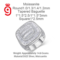 Bague Moissanite en Argent S925 Plaqué Rhodium Style Hip Hop, Sertie Pavé Coupe Baguette, Style Urbain Rapper, Vente en Gros
