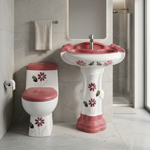 Ensemble de salle de bain en céramique Vitrosa noir, comprenant une toilette monobloc et un lavabo sur pied, motif floral, articles sanitaires - Product Image 3