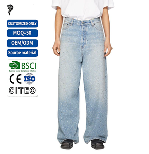 Vaqueros casuales de otoño de pierna súper ancha y corte extragrande, personalizados, de cintura alta, holgados, con pedrería, de algodón pesado y efecto desgastado. - Product Image 1