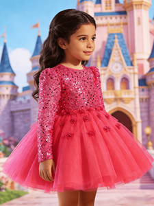 Abito <span class=keywords><strong>da</strong></span> festa rosa shocking a maniche lunghe per bambina, con corpetto di paillettes e tutù floreale 3D, ideale per compleanni e concorsi di bellezza - Product Image 4
