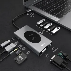 BXSIX Pembaca Kartu Hub USB 3.0, Stasiun Dok Usb Hub VGA Ethernet Usb Tipe C Abu-abu Aluminium