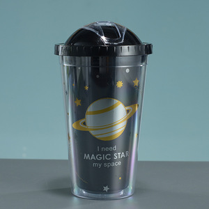 Double Walled Plastic Straw Cup With Planet Pattern Push Top Lid Student Water Bottle Two Piece Set Black And White - Product Image 2