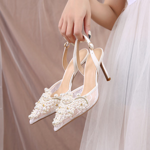 <span class=keywords><strong>Scarpe</strong></span> da Sposa Sexy con Perle per <span class=keywords><strong>Donna</strong></span>, Design Romantico Francese in Rete, Sandali con Tacco Alto e Lacci per Occasioni Eleganti - Product Image 2